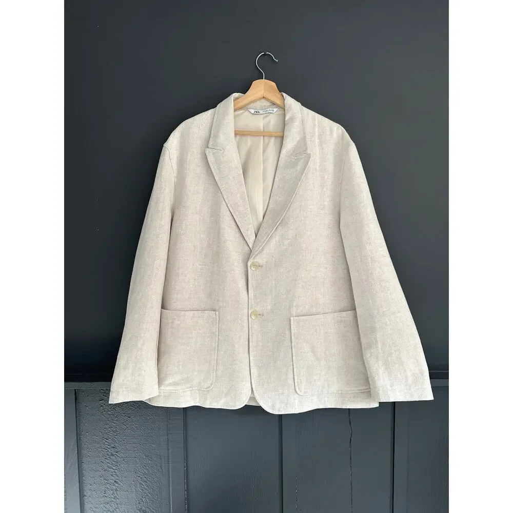 ZARA Linen Blend Sports Coat Blazer Jacket Ivory Cream Size Large